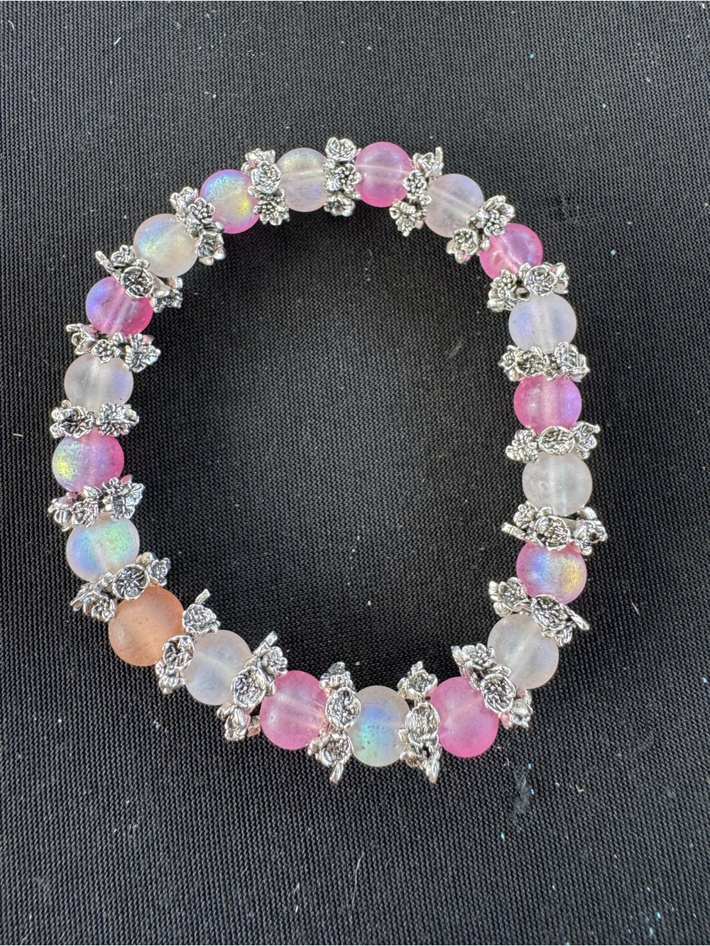 Silver Accent Pink & Iridescent Beaded Stretch Bracelet - Picture 1 of 1